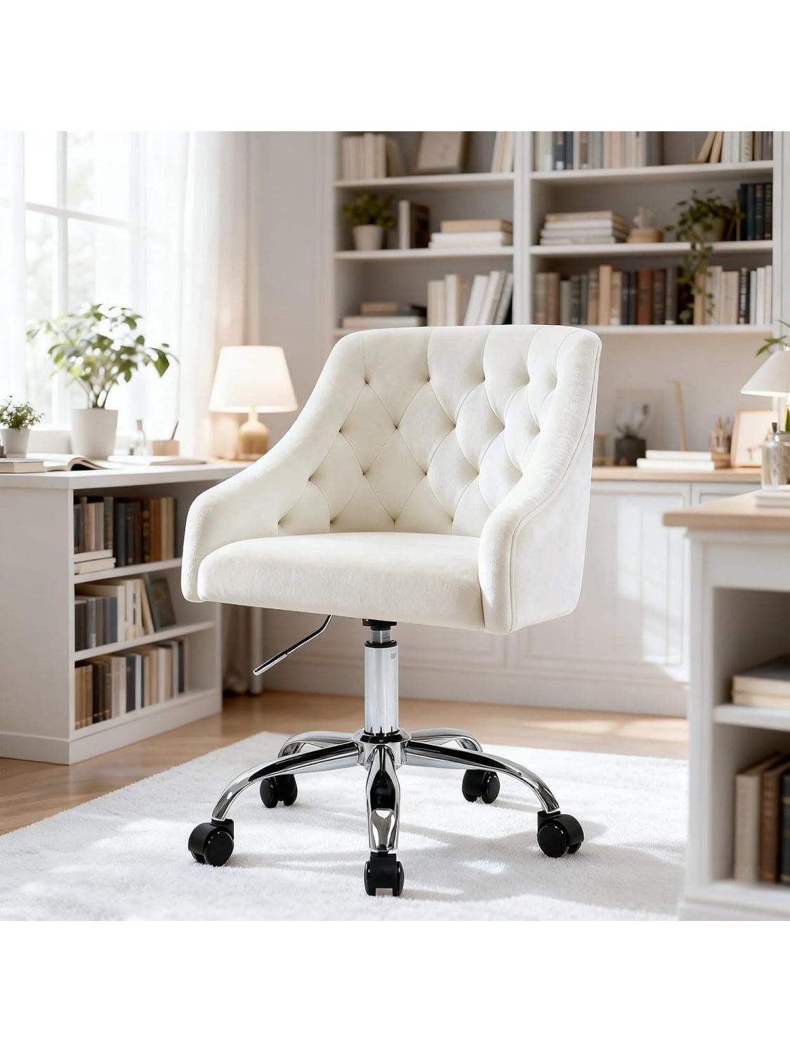Ergonomischer Samt Burostuhl mit Rollen und hohenverstellbarem Sitz in Weiss