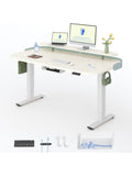 Elektrisch hohenverstellbarer Schreibtisch 140 x 80 cm mit Monitoraufsatz Lederband und leisem Motor in Weiss