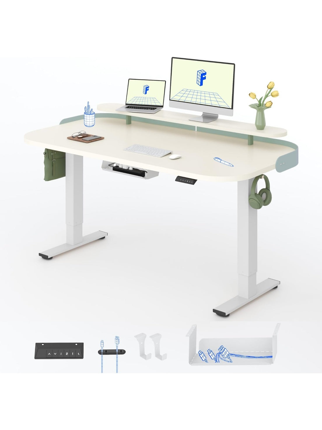 Elektrisch hohenverstellbarer Schreibtisch 140 x 80 cm mit Monitoraufsatz Lederband und leisem Motor in Weiss