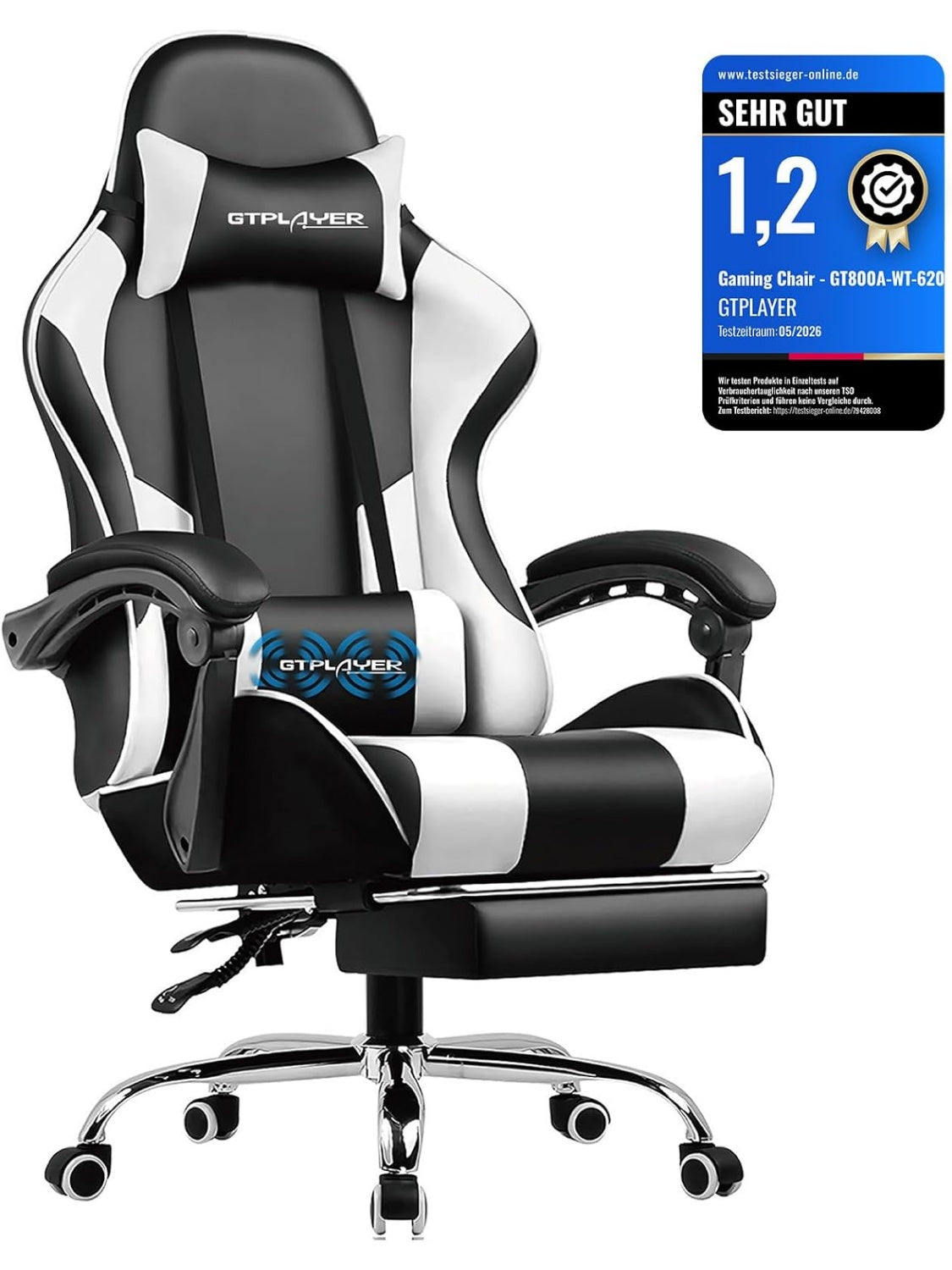 Ergonomischer Gamingstuhl mit Massagefunktion Fussstutze und Lendenkissen in Weiss