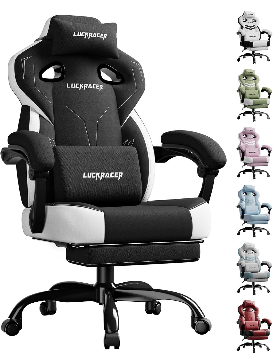 Gamingstuhl aus Stoff mit Memory Schaum Kissen Fussstutze und verstellbarer Ruckenlehne