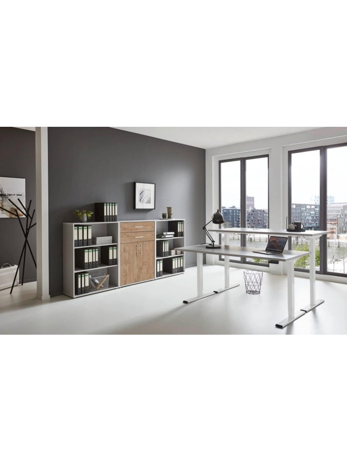 Ergonomischer Arbeitstisch mit Lichtgrau Gold Harbor Oak Design und hohenverstellbarem Untergestell