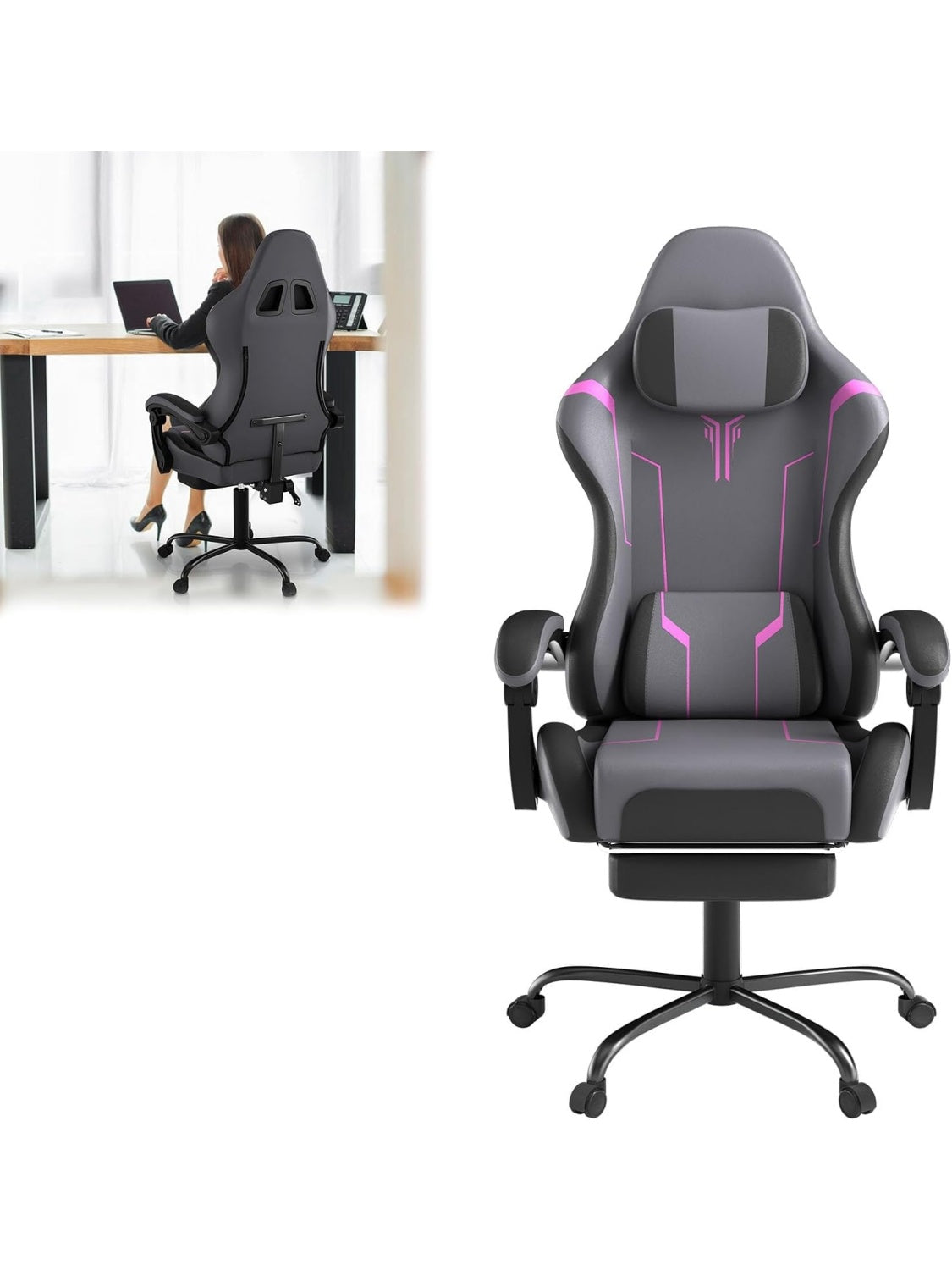 Gamingstuhl mit Massagefunktion Fussstutze Kopfstutze Massage Lendenkissen und verstellbarer Ruckenlehne aus PU Leder in Schwarz Grau und Violett
