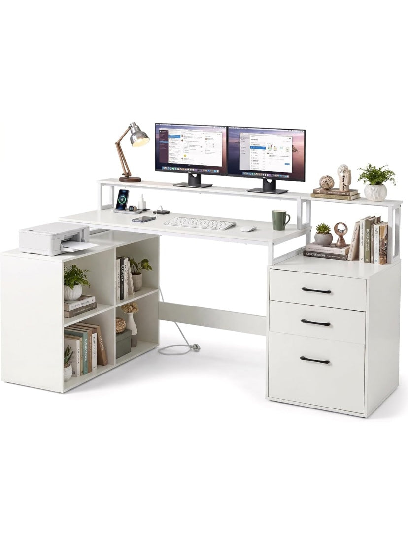 L Schreibtisch 166 x 90 cm mit Steckdosen Schubladen Regalfachern Druckerablage und Monitorstander fur Homeoffice