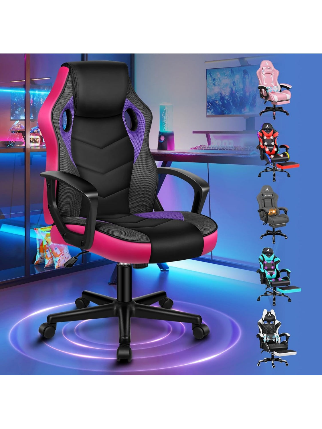 Gamingstuhl aus Stoff und PU Leder mit ergonomischer Wippfunktion in Lila