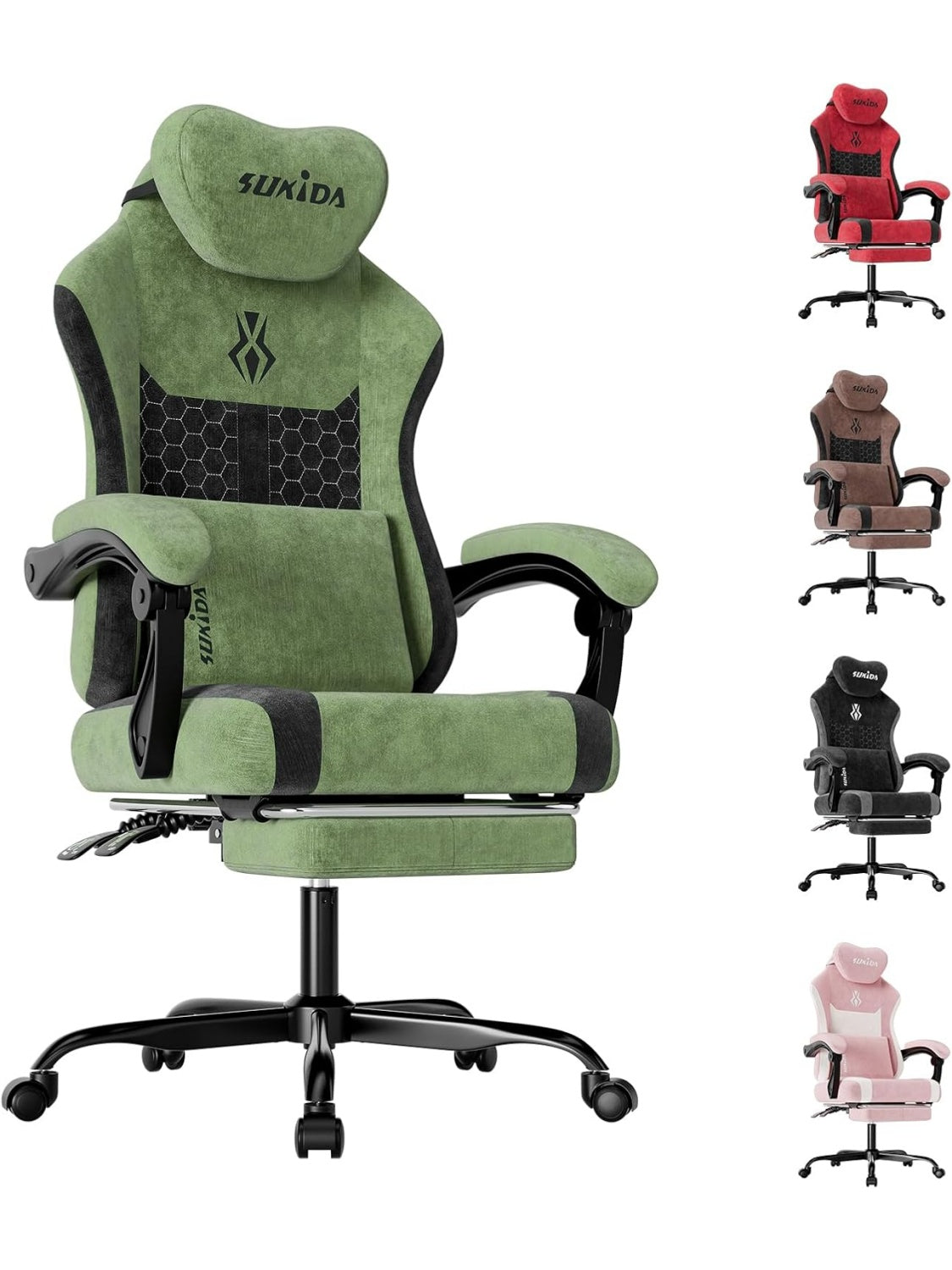 Ergonomischer Gamingstuhl aus Stoff mit Kopfstutze Lendenkissen und Fussstutze in Grun